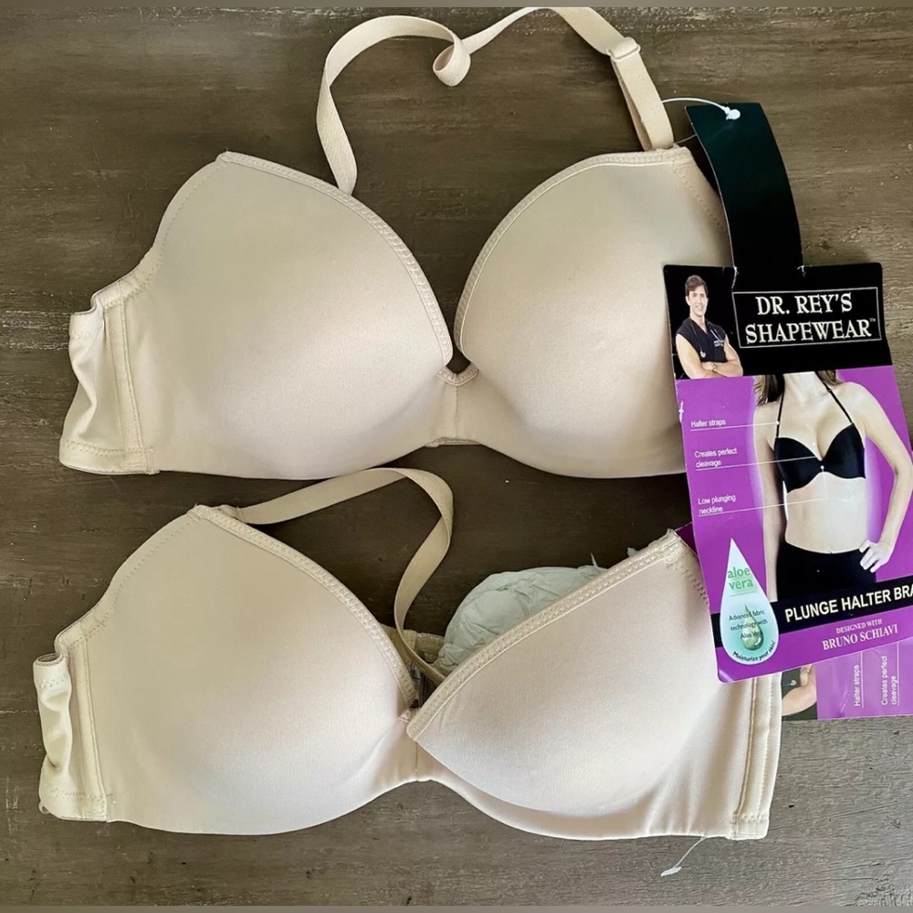 NWT 2 Dr Reys Instant Shape Push Up Plunge Halter Bras 38A Nude #18 aloe vera
